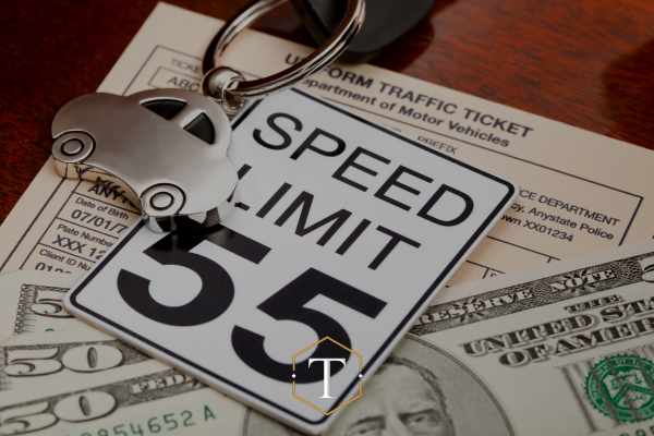 a speed limit sign, money, and car keys on a desk