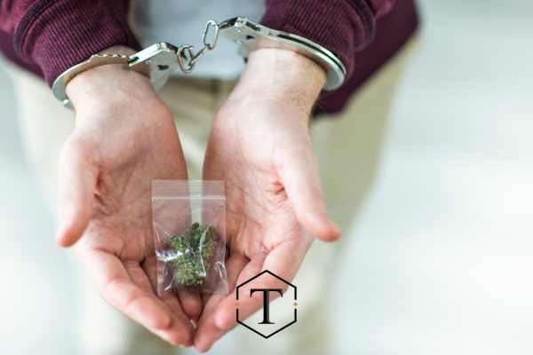 a person in handcuffs holding a small bag of marijuana
